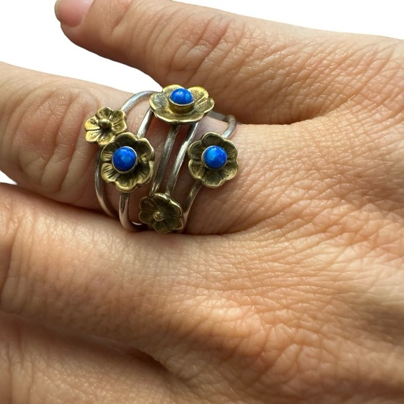 Beautiful 925 Sterling Silver Flower Lapis Two Tone Multi-Ring (5) - Picture 6 of 9